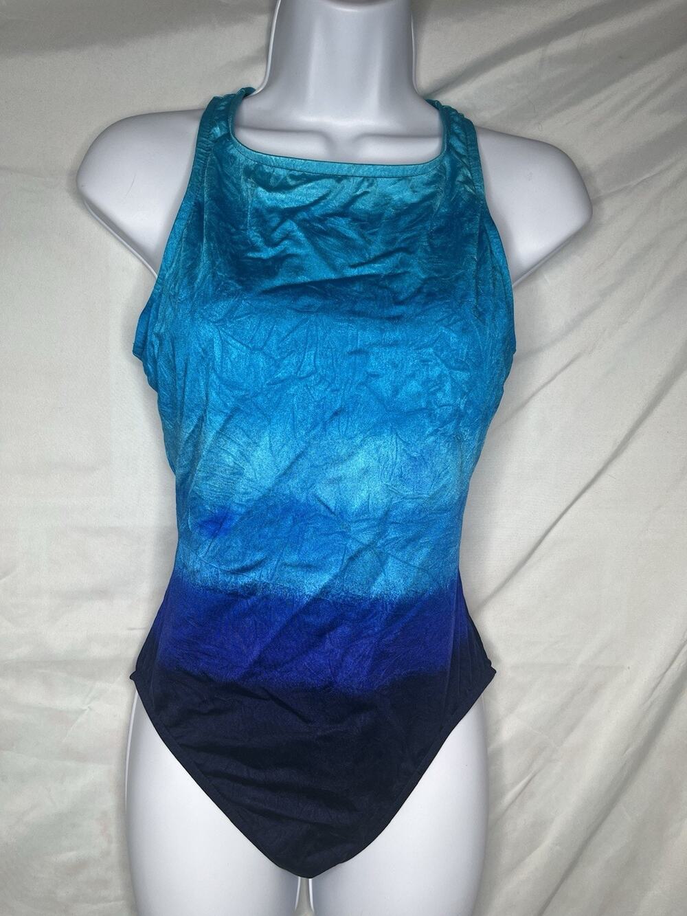 Jantzen Ombre Blue Purple Black 1-Piece Swimsuit Halter Neck Size 12 Vintage 80s